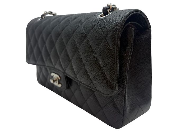 Chanel Borsa a tracolla Classic Medium Flap in Caviar Argento Nero - vista 3