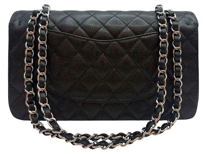 Chanel Borsa a tracolla Classic Medium Flap in Caviar Argento Nero - vista 4