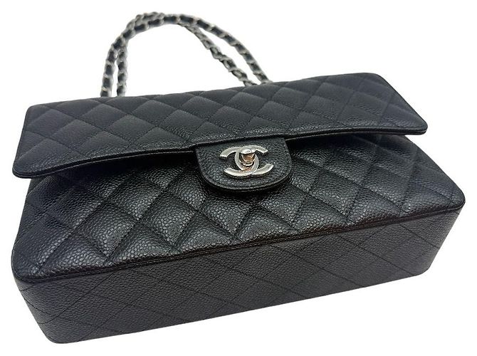 Chanel Borsa a tracolla Classic Medium Flap in Caviar Argento Nero - vista 5