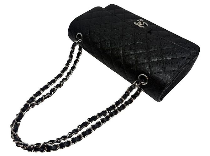 Chanel Borsa a tracolla Classic Medium Flap in Caviar Argento Nero - vista 6