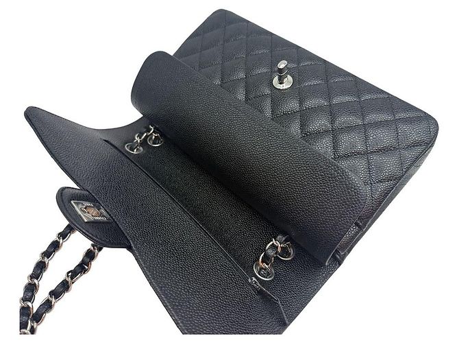 Chanel Borsa a tracolla Classic Medium Flap in Caviar Argento Nero - vista 7