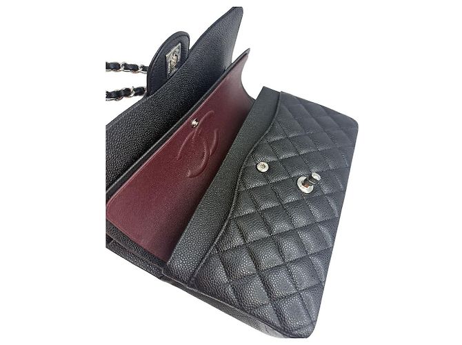 Chanel Borsa a tracolla Classic Medium Flap in Caviar Argento Nero - vista 8