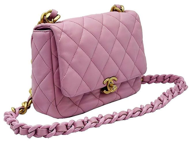 Chanel Mini bolsa de corrente acolchoada em pele de cordeiro rosa - vista 4