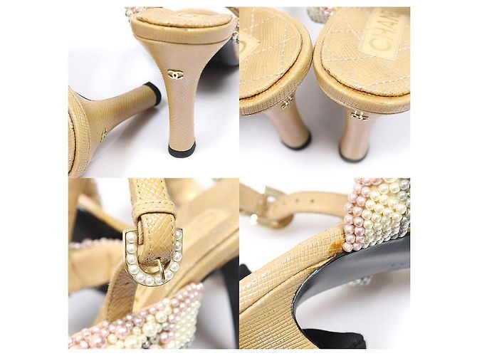 Chanel Sandalias de piel de becerro Pearl Fantasy beige para mujer con correa de perlas Castaño - vista 6