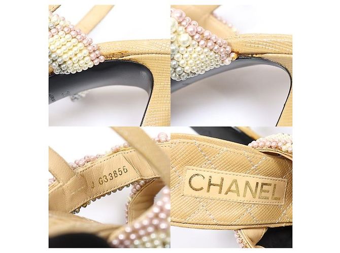 Chanel Sandalias de piel de becerro Pearl Fantasy beige para mujer con correa de perlas Castaño - vista 7