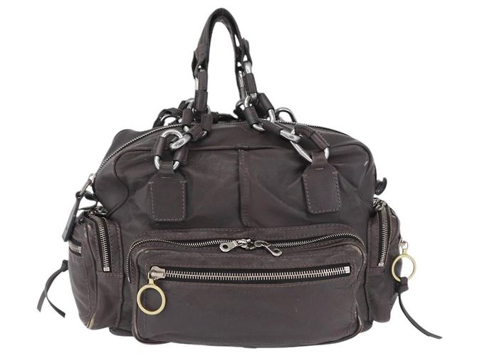 Chloé Bolsa de mão Chloe com corrente em couro cinza prata Auth 200082A Marrom - vista 13