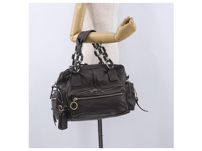 Chloé Bolsa de mão Chloe com corrente em couro cinza prata Auth 200082A Marrom - vista 27