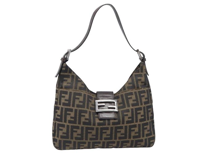 Borsa a Tracolla FENDI Zucca Canvas Mamma Baguette Nero Marrone Auth 199953A - vista 13