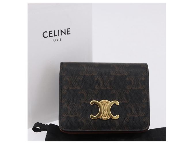 Céline Portafoglio CELINE Triomphe PVC Gold Dark Brown Auth 200004M D'oro Marrone scuro - vista 12