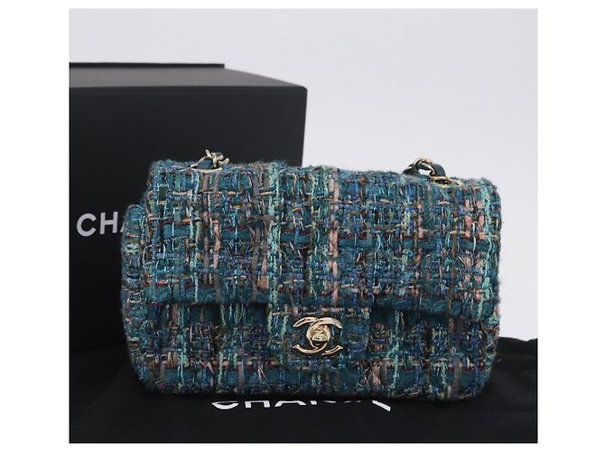 Borsa a tracolla CHANEL Mini Matelasse 20 in tweed Verde e Oro CC Auth 200062SM D'oro - vista 12