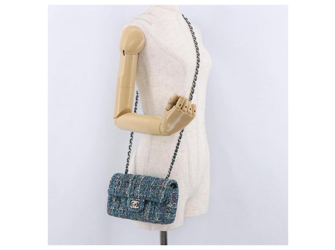 Borsa a tracolla CHANEL Mini Matelasse 20 in tweed Verde e Oro CC Auth 200062SM D'oro - vista 28