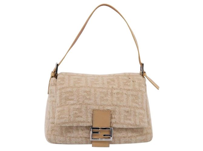 Borsa a tracolla FENDI Mamma Baguette in lana beige argento Auth 200802V - vista 13