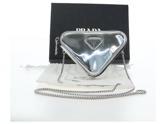 Bolsa de Ombro com Corrente PRADA Couro envernizado Prata Auth 196592M - vista 12