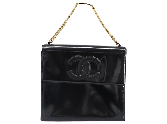 Borsa a mano con catena CHANEL Pelle verniciata Nero Oro CC Auth 201914V D'oro - vista 13