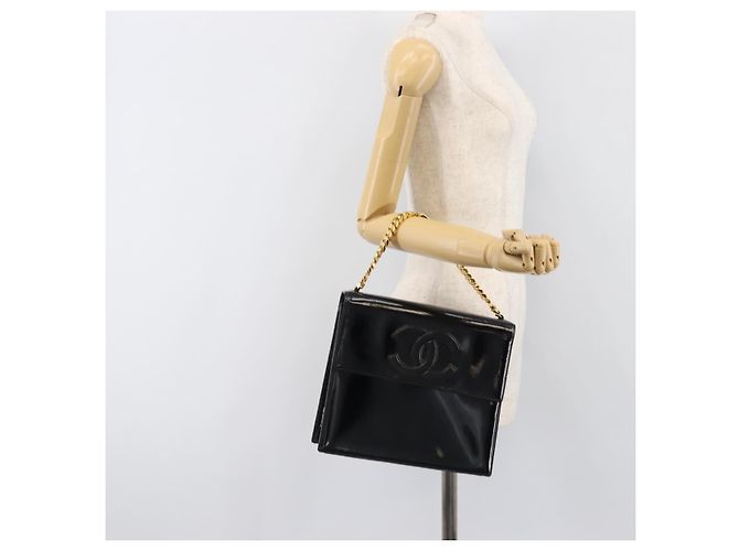 Borsa a mano con catena CHANEL Pelle verniciata Nero Oro CC Auth 201914V D'oro - vista 24