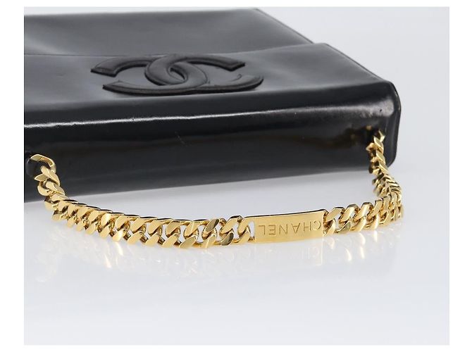 Borsa a mano con catena CHANEL Pelle verniciata Nero Oro CC Auth 201914V D'oro - vista 7