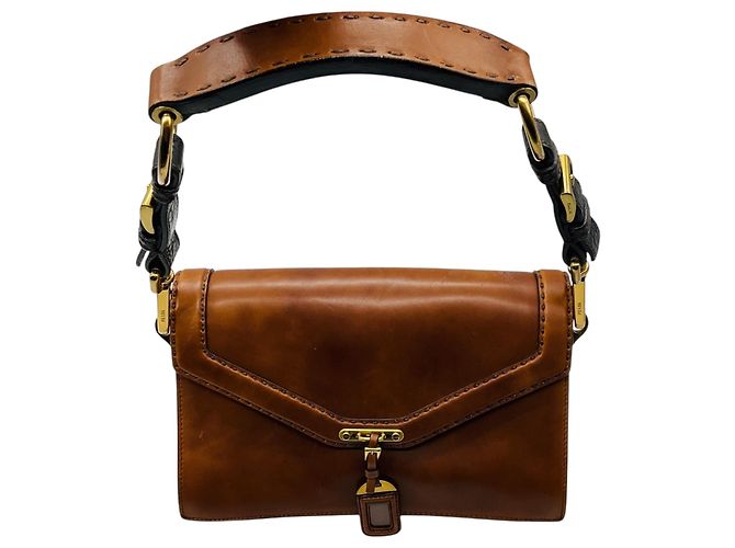 Borsa a tracolla Prada in pelle di vitello Antik Soun Cuoio Ebano marrone con placca logo - vista 17