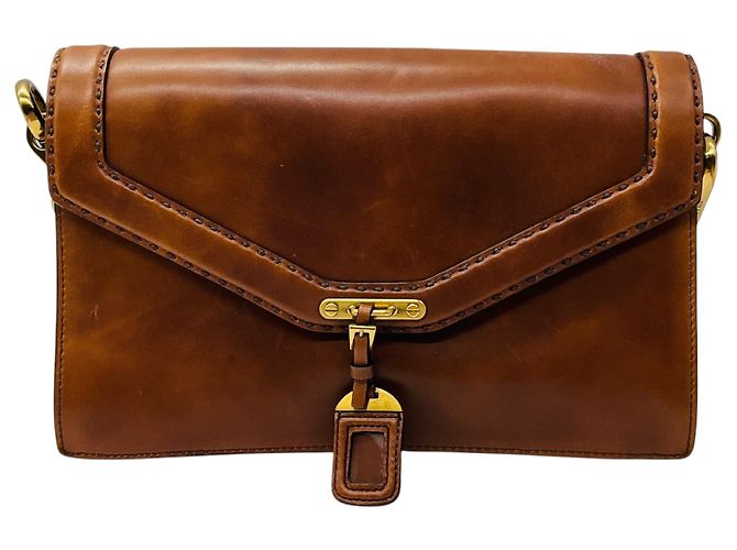 Borsa a tracolla Prada in pelle di vitello Antik Soun Cuoio Ebano marrone con placca logo - vista 3