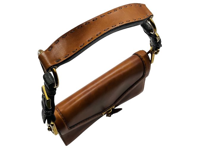 Borsa a tracolla Prada in pelle di vitello Antik Soun Cuoio Ebano marrone con placca logo - vista 5
