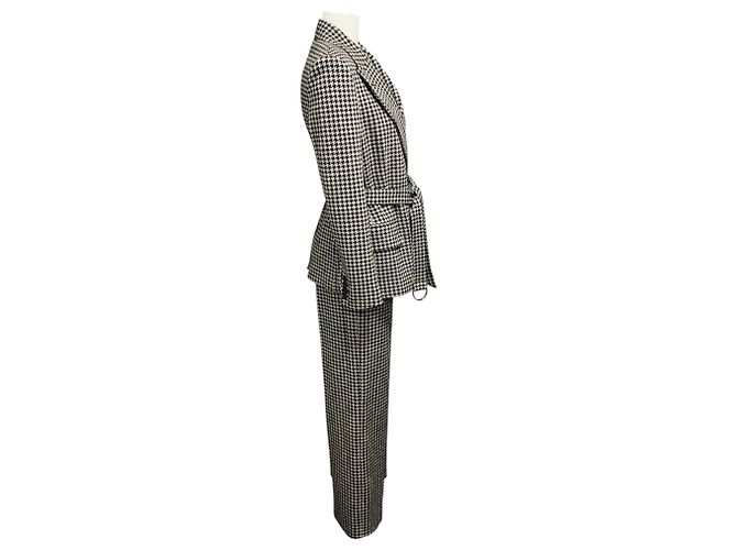 Max Mara Beige / Brown Houndstooth Patterned Wool Jacket and Pants Suit Set with Belt - view 2