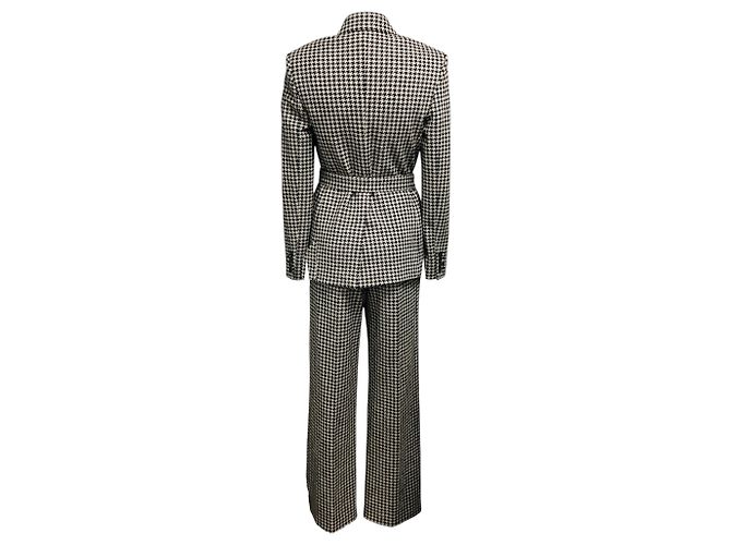 Max Mara Beige / Brown Houndstooth Patterned Wool Jacket and Pants Suit Set with Belt - view 3