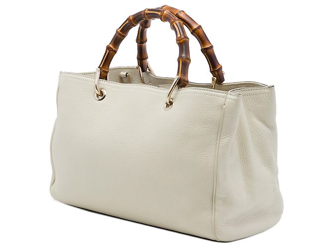 Bamboo Borsa Shopper Satchel Gucci Medium in pelle di vitello bianca con bambù Bianco - vista 2