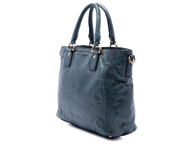 Borsa tote convertibile Prada Vitello Shine blu con tasca frontale - vista 2