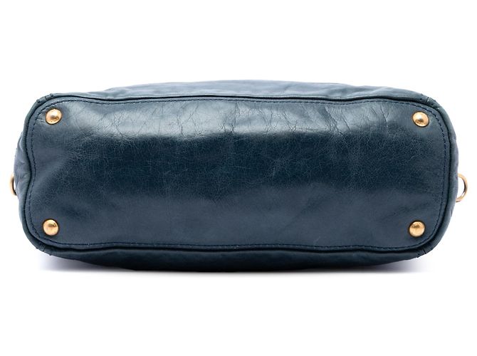 Borsa tote convertibile Prada Vitello Shine blu con tasca frontale - vista 3