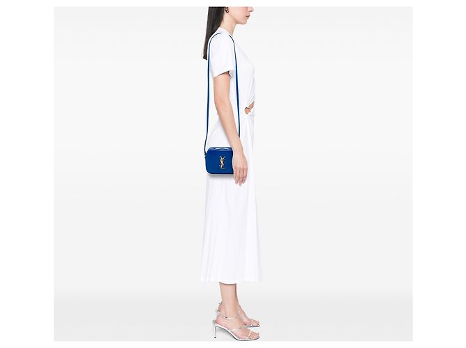 Borsa Camera Classic Monogram Small in Grain De Poudre Blu Saint Laurent - vista 5