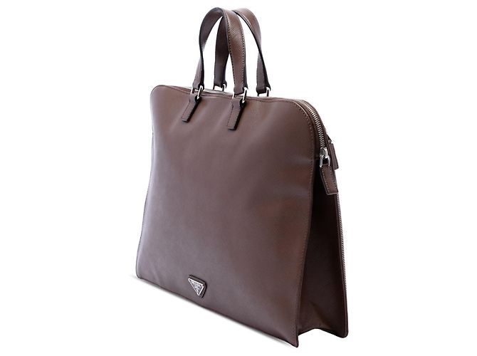 Borsa business Prada Saffiano Cuir marrone con tasca frontale con zip - vista 2
