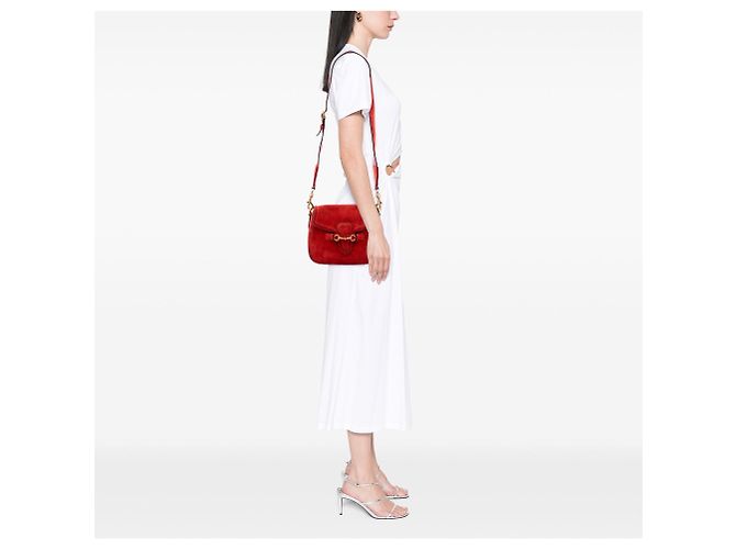 Borsa a tracolla Gucci Lady Web Medium in camoscio rosso - vista 6
