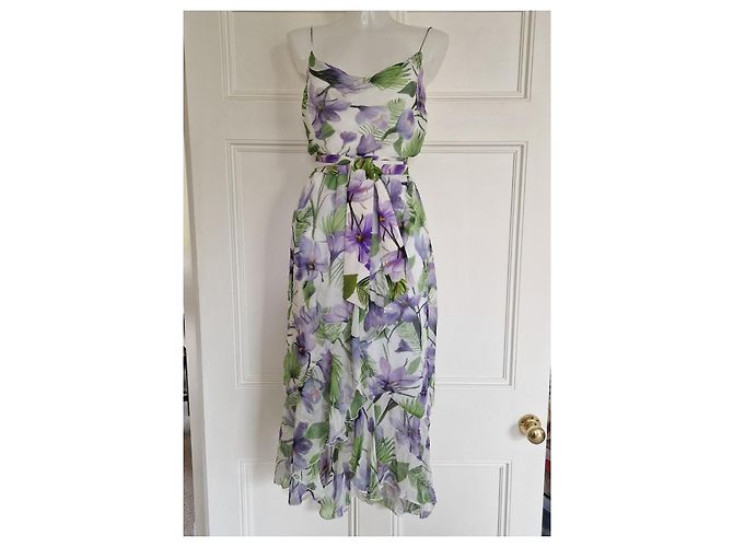 Alice + Olivia Midi-Kleid mit Blumenprint und Rüschensaum Weiß Mehrfarben Grün Lila - Ansicht 2