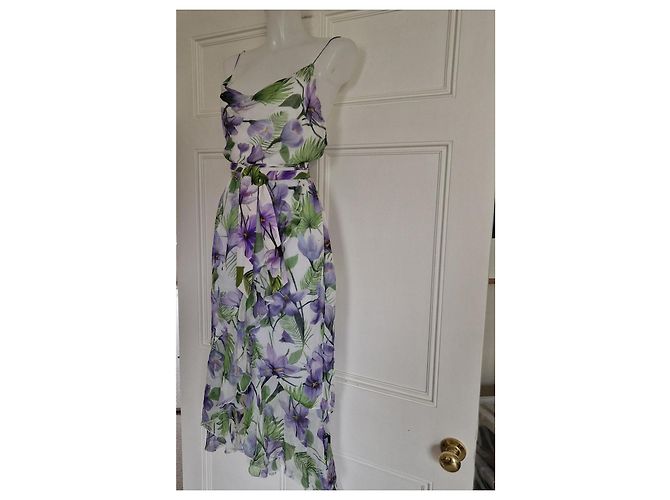 Alice + Olivia Midi-Kleid mit Blumenprint und Rüschensaum Weiß Mehrfarben Grün Lila - Ansicht 4