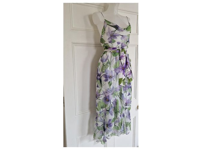 Alice + Olivia Midi-Kleid mit Blumenprint und Rüschensaum Weiß Mehrfarben Grün Lila - Ansicht 6