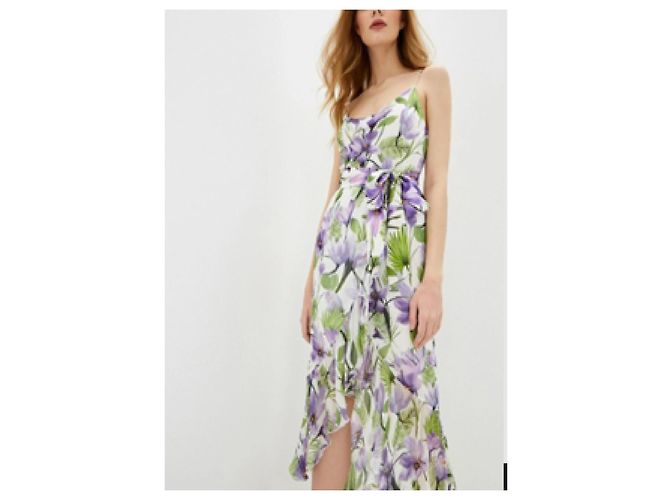 Alice + Olivia Midi-Kleid mit Blumenprint und Rüschensaum Weiß Mehrfarben Grün Lila - Ansicht 8