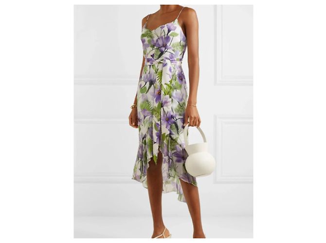 Alice + Olivia Midi-Kleid mit Blumenprint und Rüschensaum Weiß Mehrfarben Grün Lila - Ansicht 9