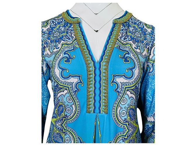 Hale Bob Kleid Blau Paisley-Print mit Perlen Weiß Golden Grün - Ansicht 2