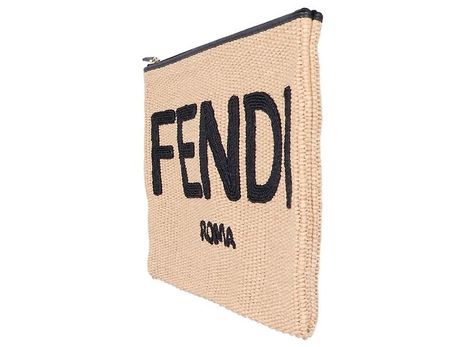 Clutch Fendi in rafia x pelle con logo Nero Beige - vista 2