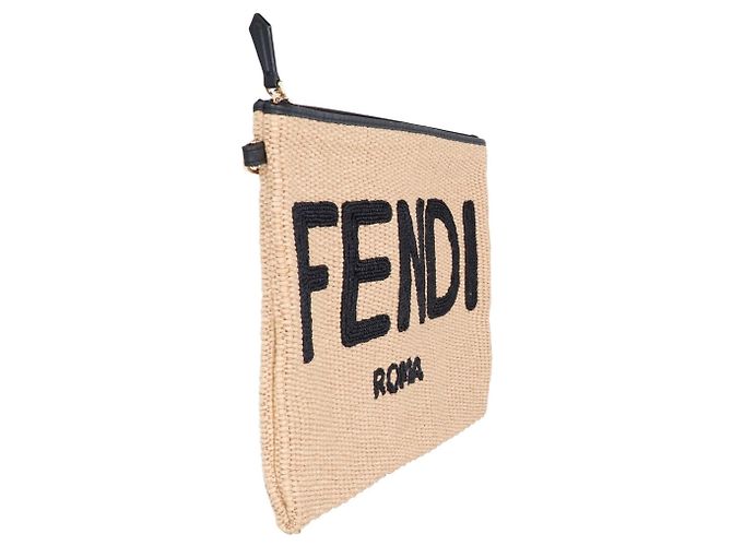 Clutch Fendi in rafia x pelle con logo Nero Beige - vista 4