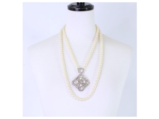 Chanel B16B Strass Coco Mark Camélia Doppelperlenkette Silber - Ansicht 10