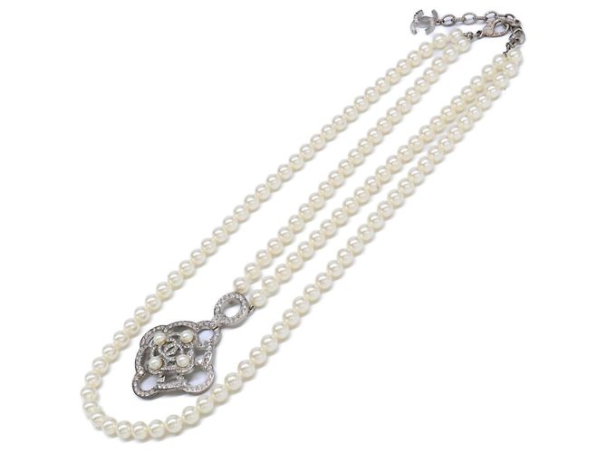 Chanel B16B Strass Coco Mark Camélia Doppelperlenkette Silber - Ansicht 2