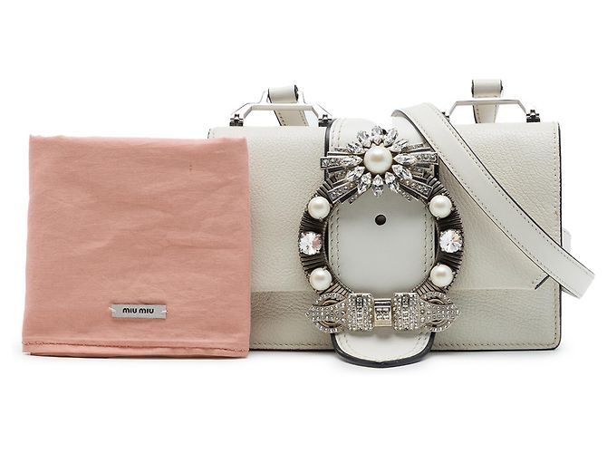 Borsa a tracolla Miu Miu in pelle di capra bianca Madras e vitello morbido con cristalli Bianco Crudo - vista 7