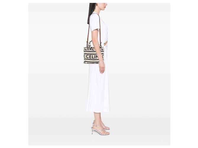 Céline Celine Beige Small Canvas Cabas Thais Satchel - vista 6