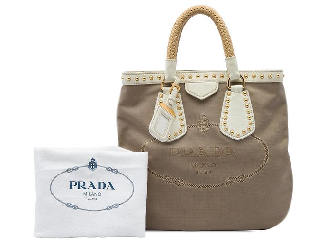 Borsa Prada in tela Canapa marrone con borchie, manici in corda e logo Marrone chiaro - vista 6