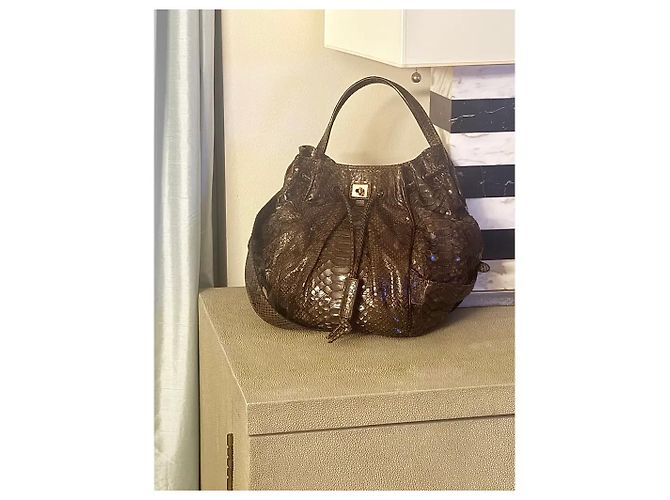 Borsa Hobo Zagliani in Pelle di Pitone Marrone - vista 14