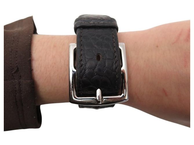 Hermès BRACELETE HERMES MANCHETTE COM FIVELA DE ESTRIBO EM COURO DE CROCODILO ALLIGATOR Marrom - vista 14
