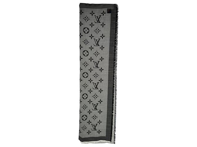 Louis Vuitton Monogram Schal mit Fransen aus grauer Seide - Ansicht 3