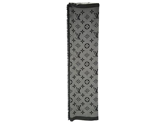 Louis Vuitton Monogram Schal mit Fransen aus grauer Seide - Ansicht 4