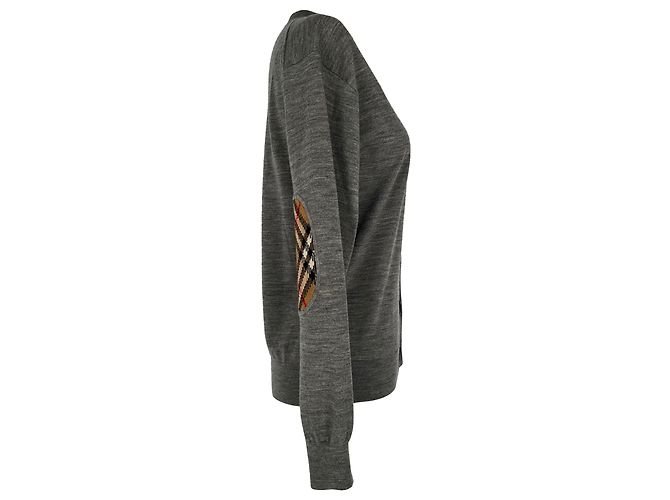 Burberry Vintage Check Cardigan mit Ellenbogen-Patches aus grauer Merinowolle - Ansicht 2