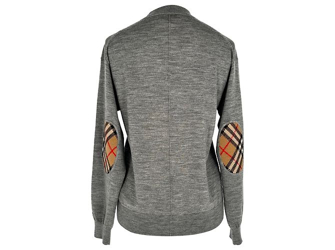Burberry Vintage Check Cardigan mit Ellenbogen-Patches aus grauer Merinowolle - Ansicht 3